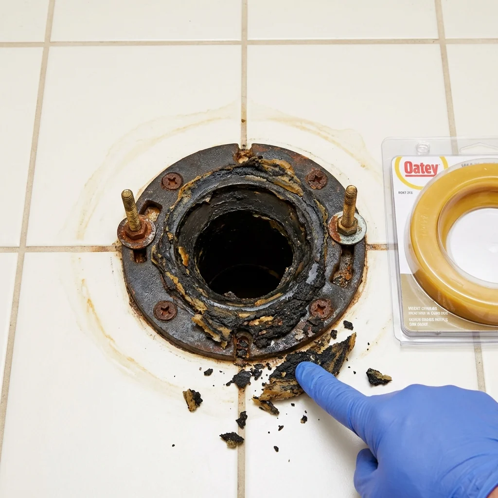 Failed wax ring showing water seepage at the base of a toilet in a Warsaw, IN home