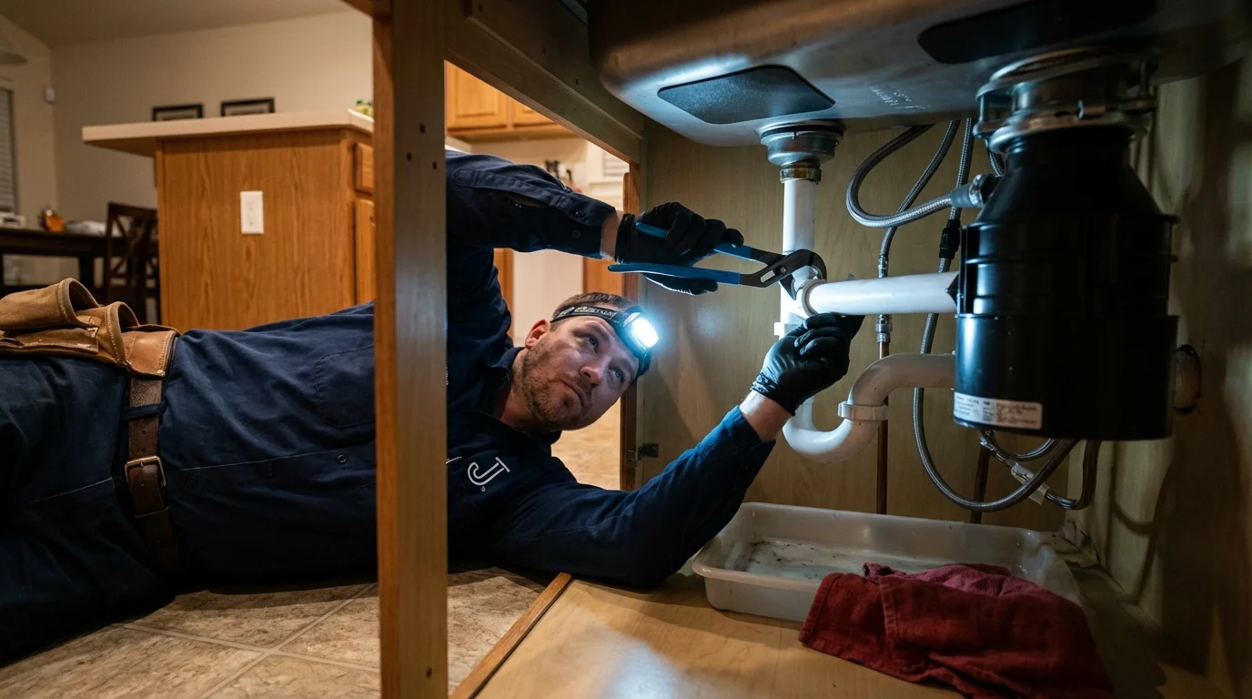 P-trap and supply line connections under a kitchen sink showing a common leak point in Warsaw, IN